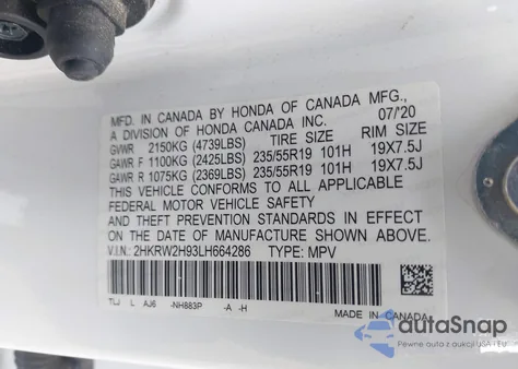 2020 Honda Cr-V Awd Touring из США, поврежденный, VIN 2HKRW2H93LH664286